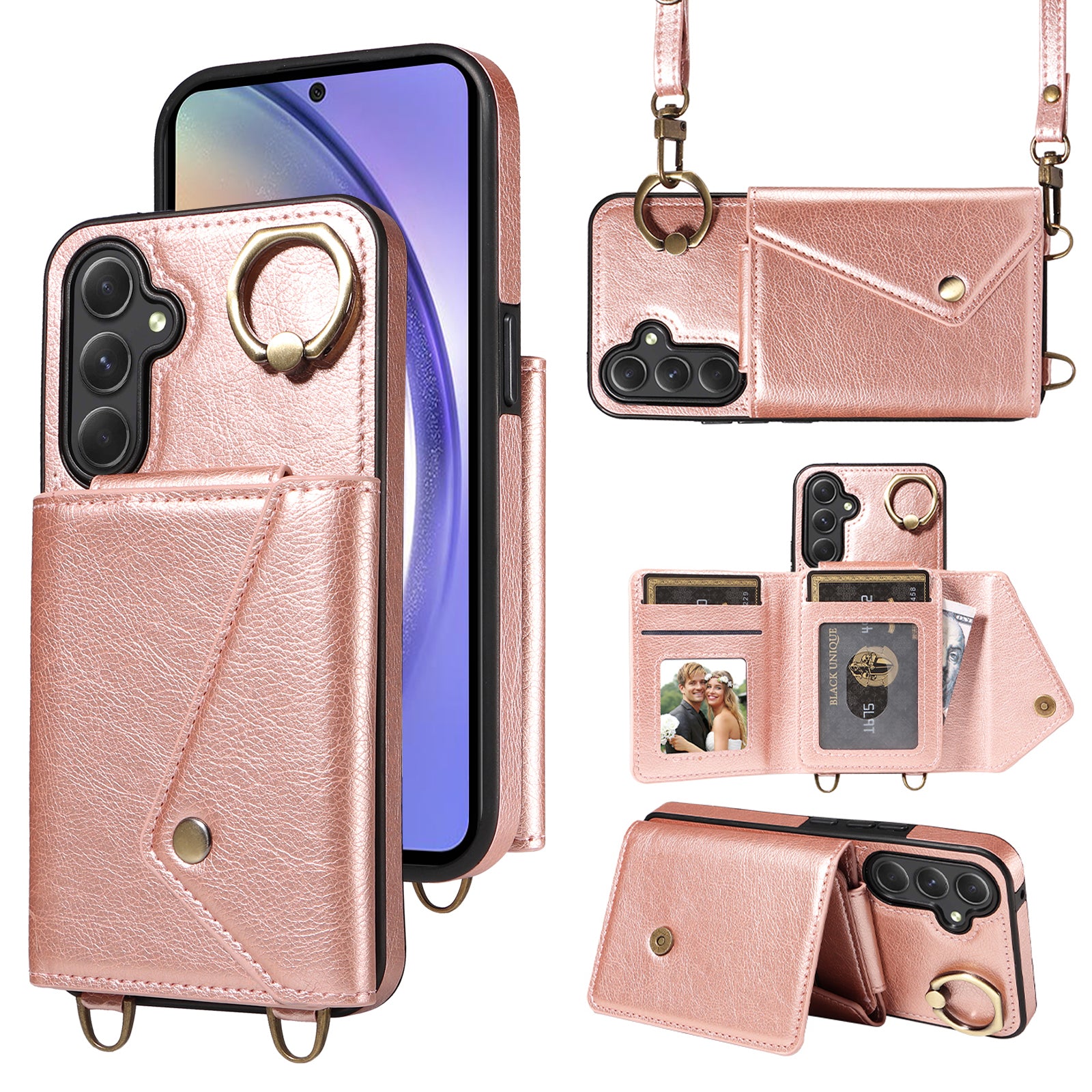 002 Anti-drop Shell for Samsung Galaxy A54 5G Ring Kickstand Card Bag Litchi Texture Leather TPU Phone Case with Shoulder Strap 002 Anti-drop Shell for Samsung Galaxy A54 5G Ring Kickstand Card Bag Litchi Texture Leather TPU Phone Case with Shoulder Strap